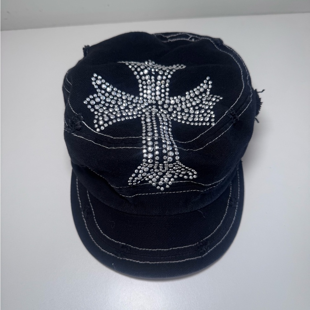 Vintage David & Young Y2K Black Distressed Cross Studded Hat